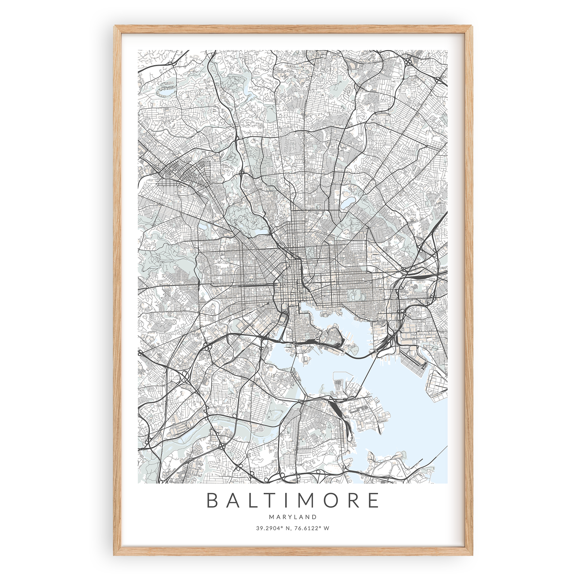 baltimore map print in wood frame