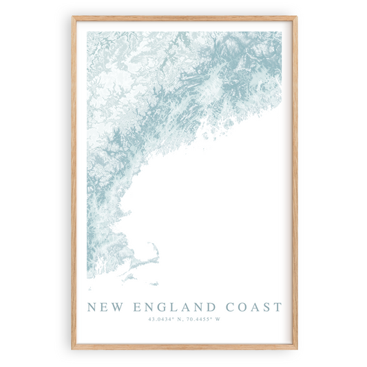 new england coast map print in wood frame