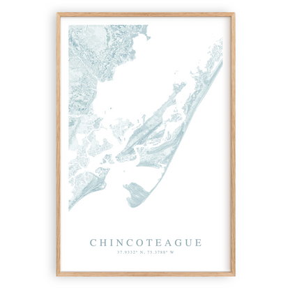 chincoteague virginia map print in wood frame