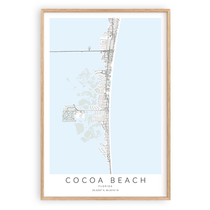 cocoa beach florida map print in wood frame