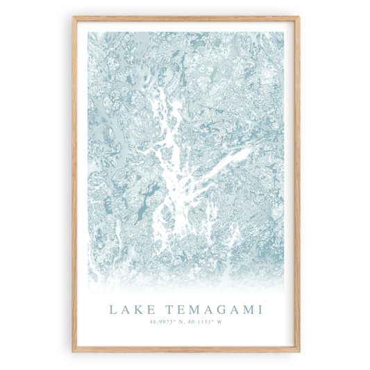 lake temagami canada map print in wood frame
