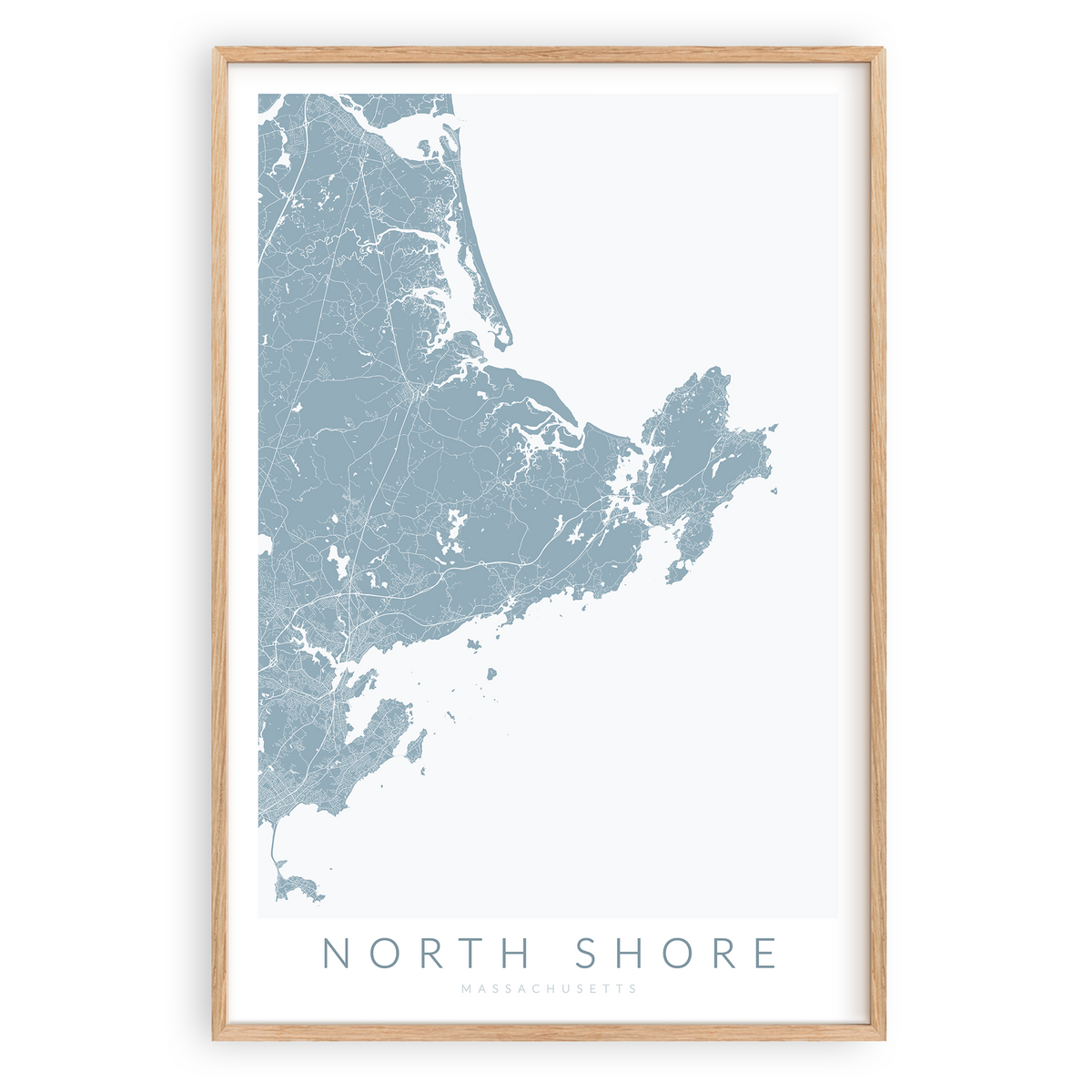 north shore massachusetts map print in wood frame