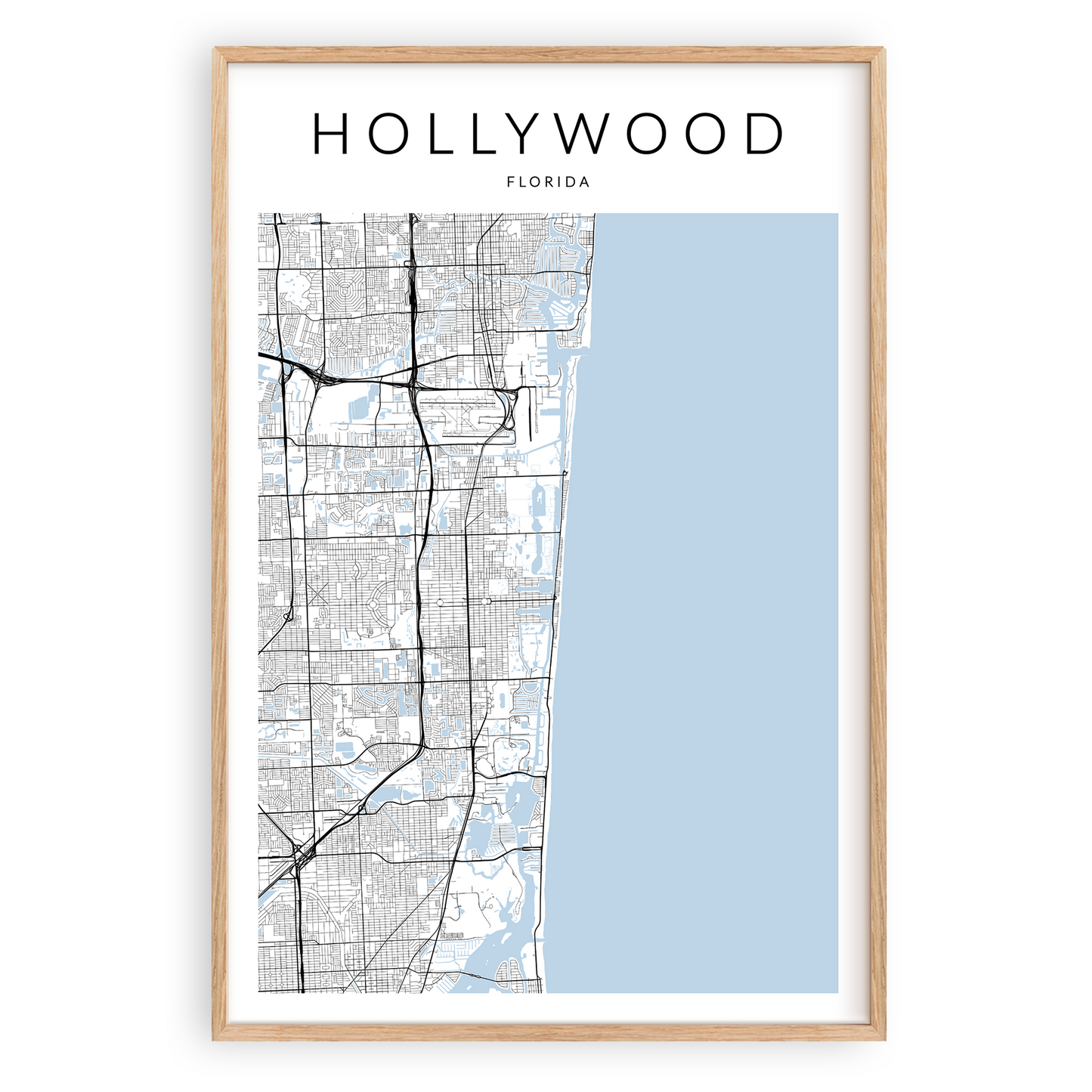 hollywood florida map print in wood frame