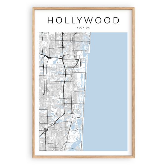 hollywood florida map print in wood frame