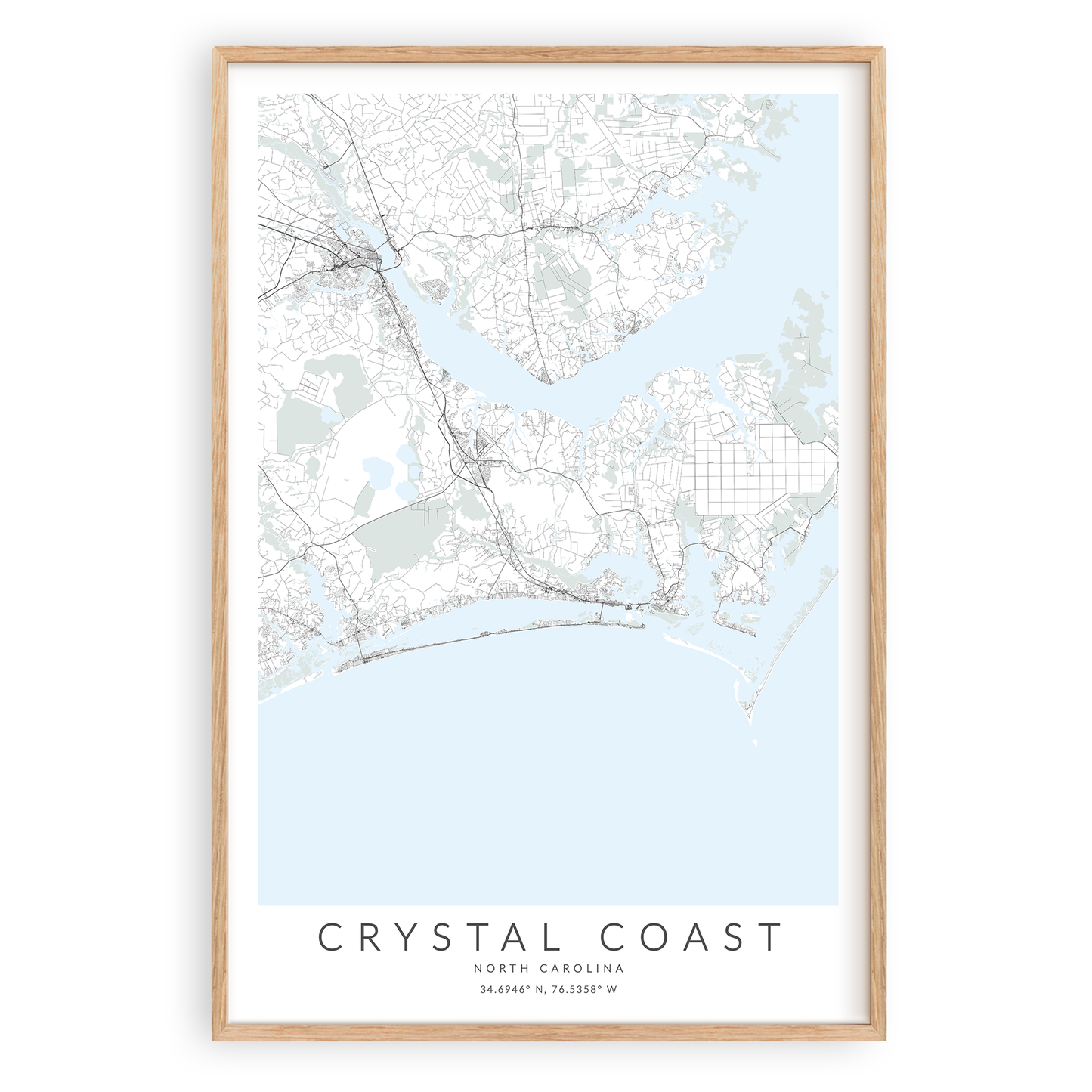 crystal coast north carolina map print in wood frame