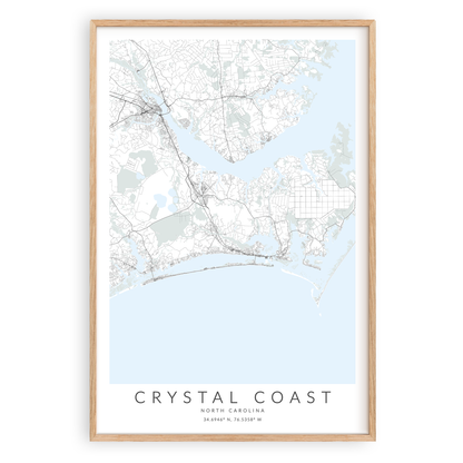 crystal coast north carolina map print in wood frame