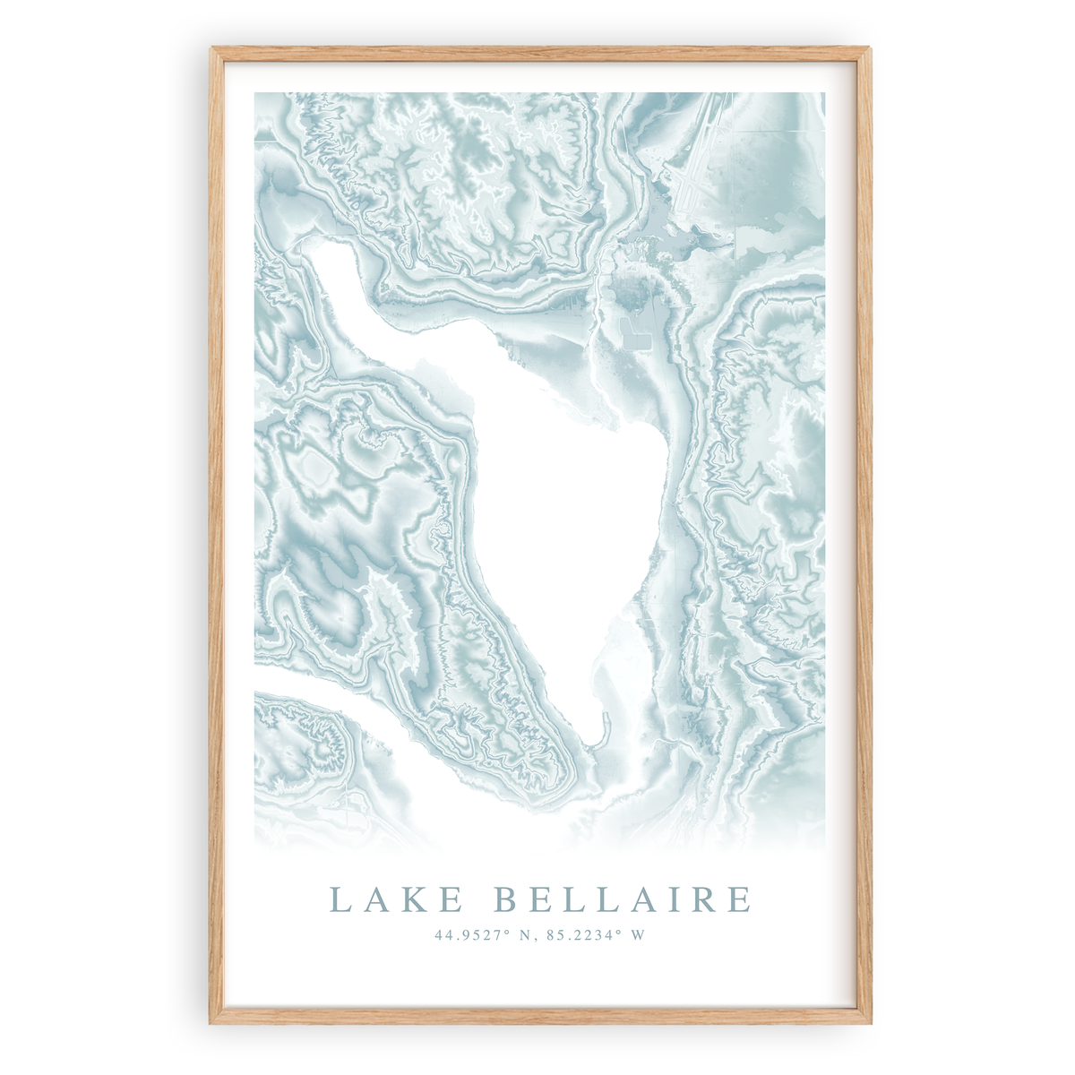 lake bellaire michigan map print in wood frame