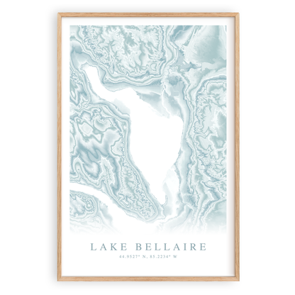 lake bellaire michigan map print in wood frame