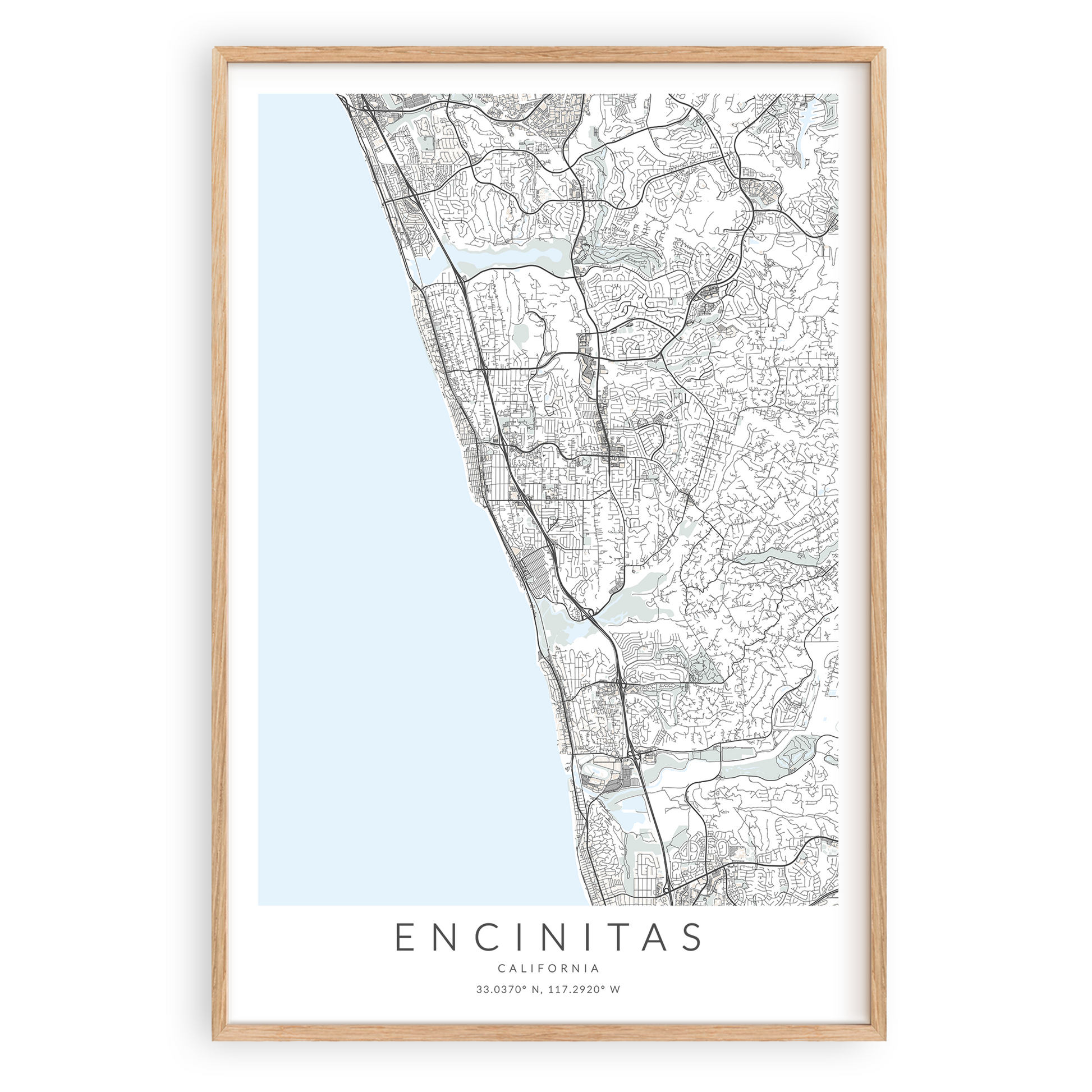 encinitas california map print in wood frame on white background