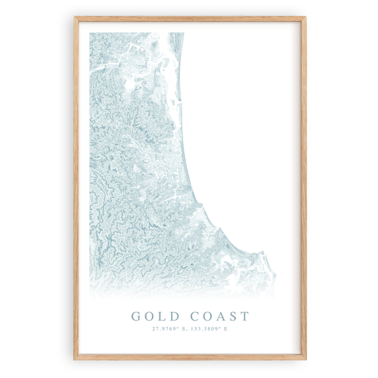 gold coast australia map print in wood frame