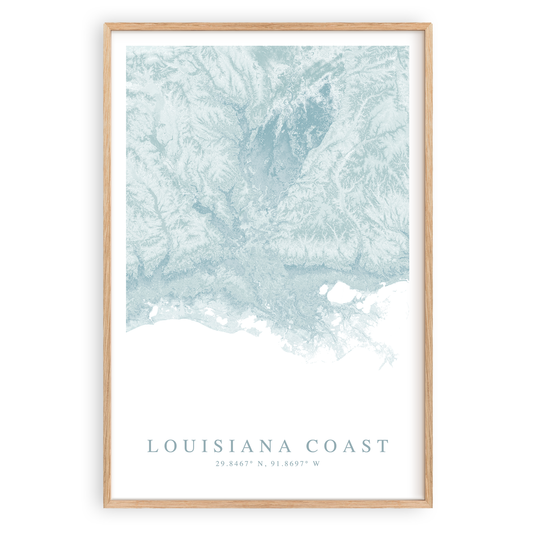 louisiana coast map print in wood frame
