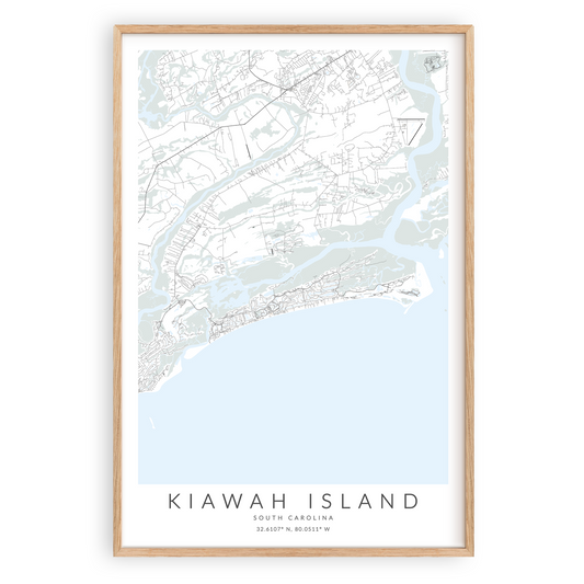 kiawah island south carolina map print in wood frame