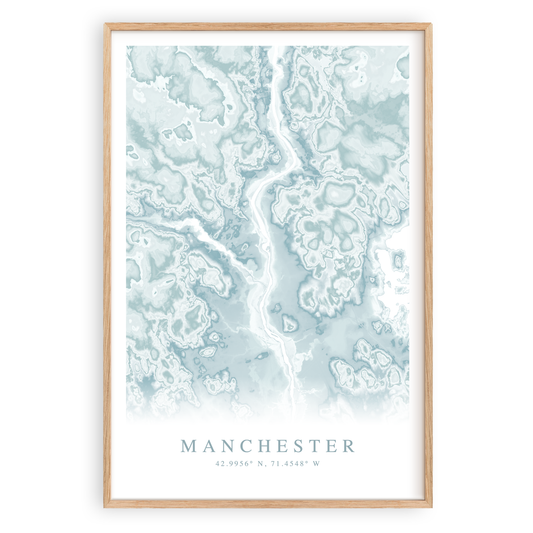 manchester new hampshire map print in wood frame