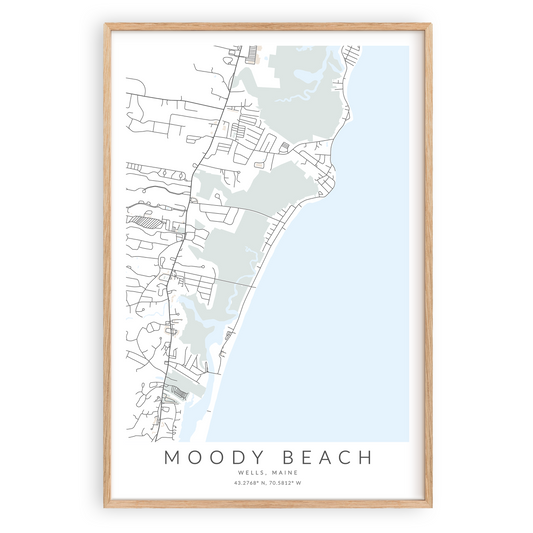 moody beach wells map print in wood frame