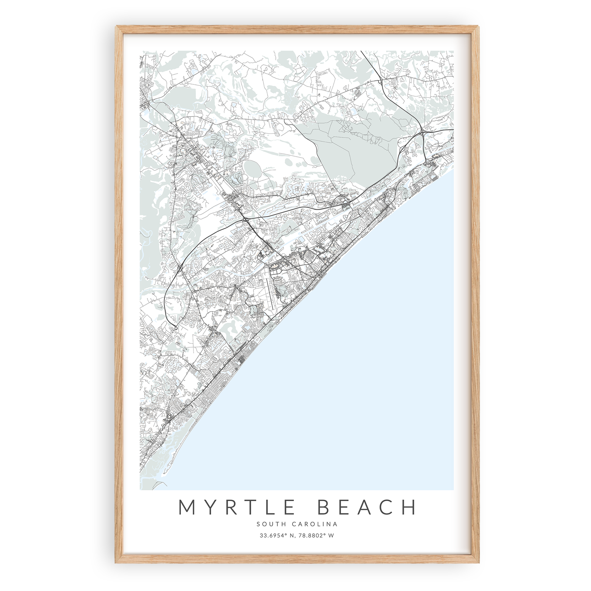 myrtle beach south carolina map print in wood frame