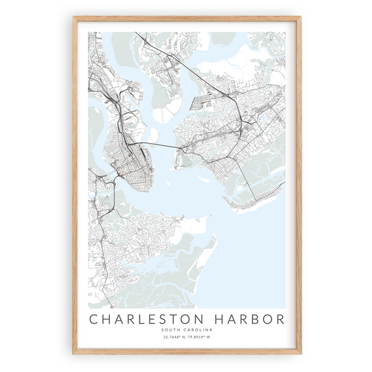 charleston harbor map print in wood frame