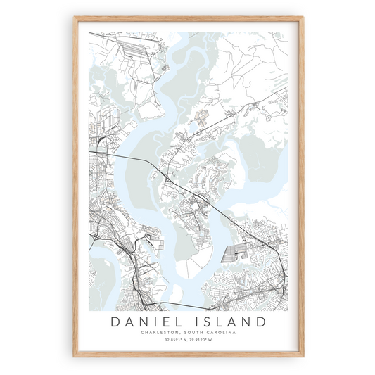 daniel island sc map print in wood frame