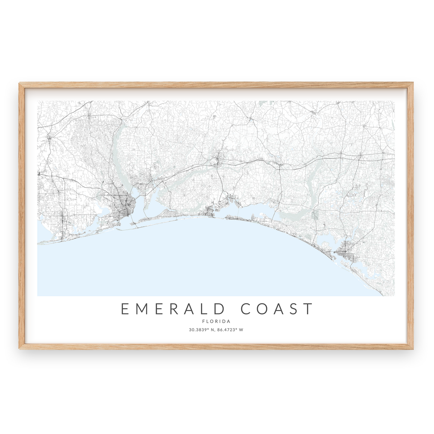 emerald coast florida map print in wood frame