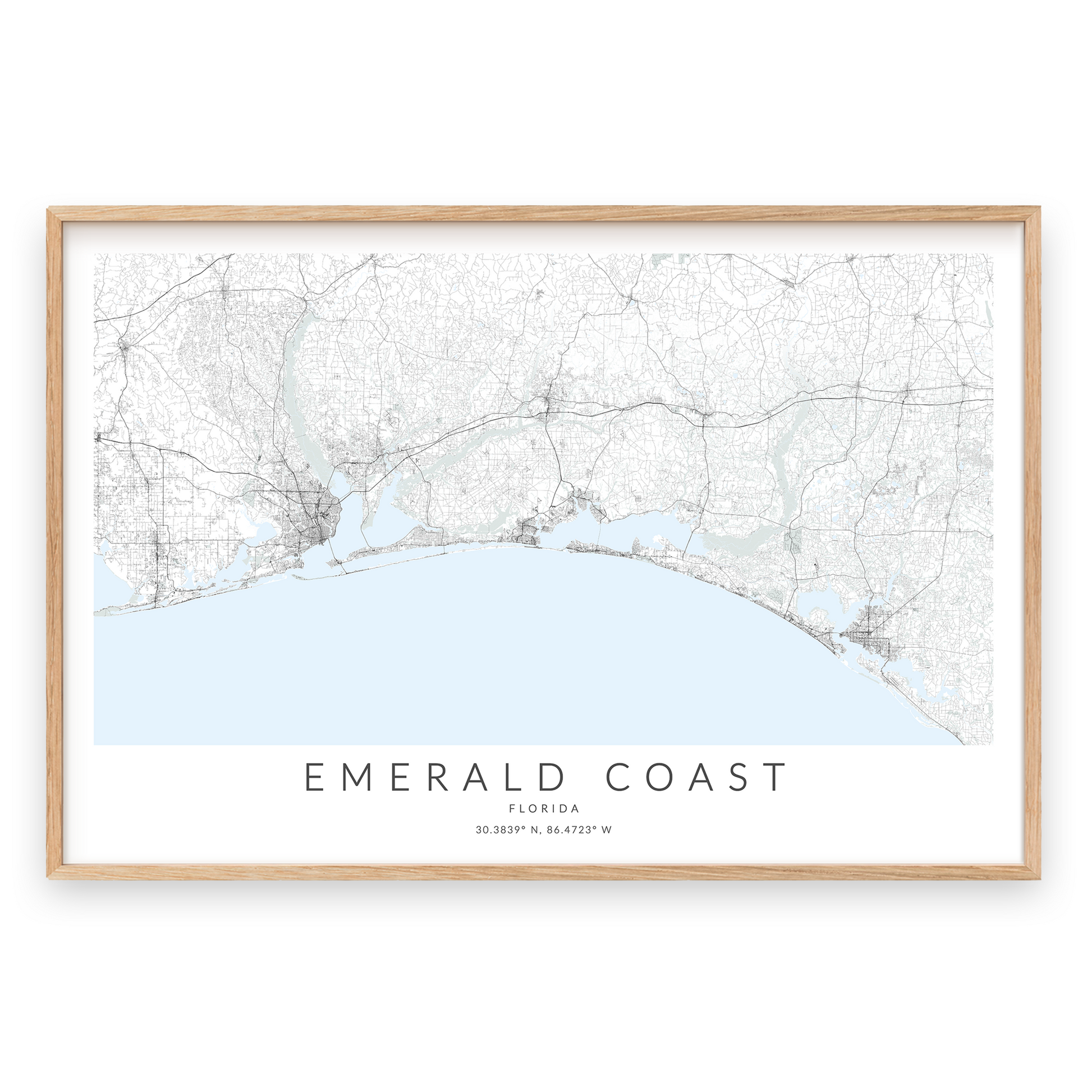 emerald coast florida map print in wood frame