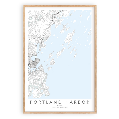 portland harbor maine map print in wood frame