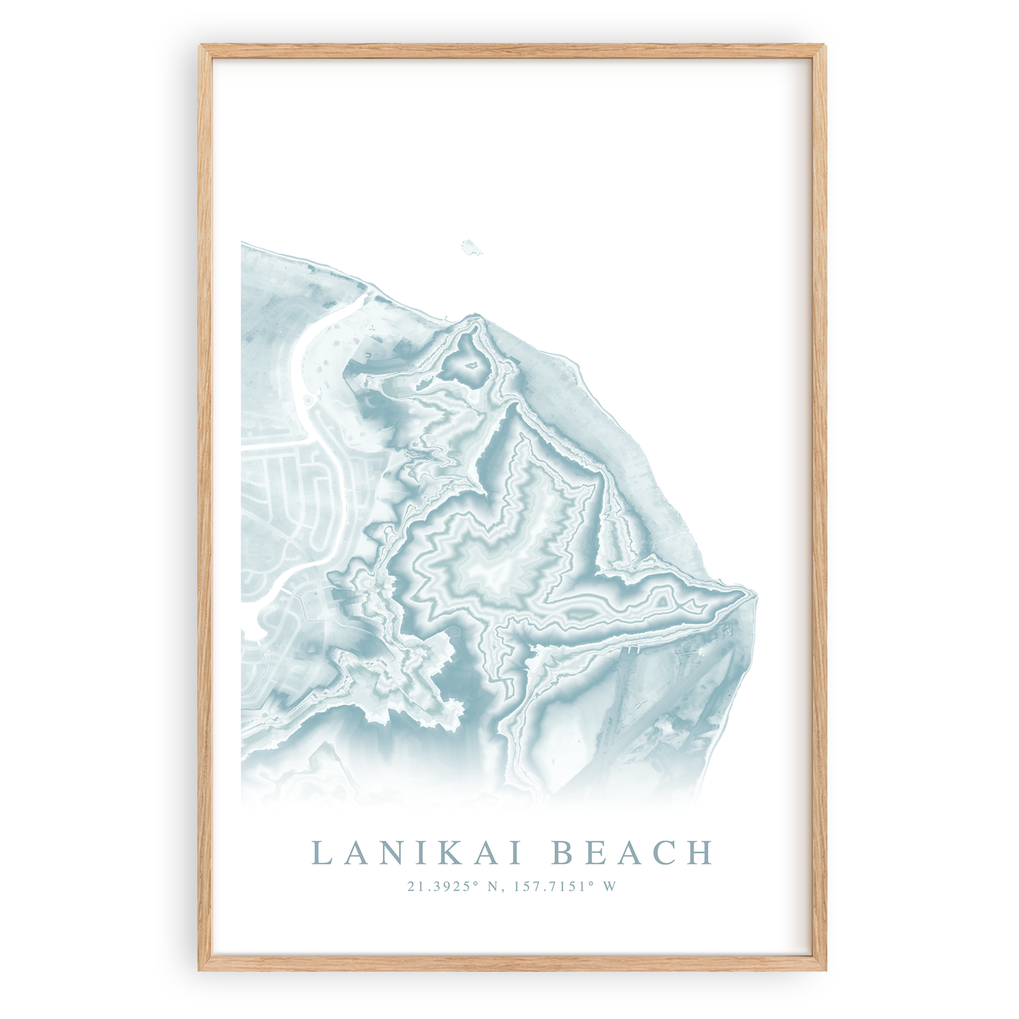 lanikai beach hawaii map print in wood frame