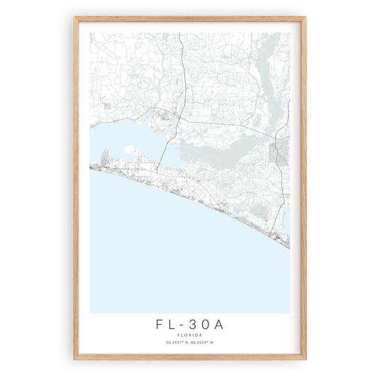 scenic highway 30a map print in wood frame