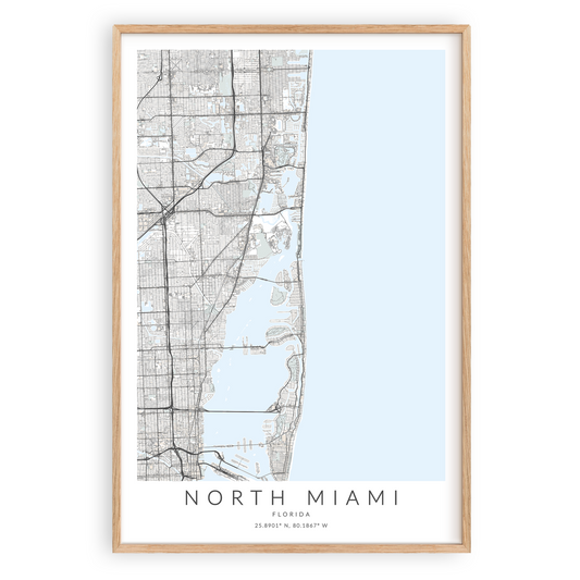 north miami florida map poster in wood frame