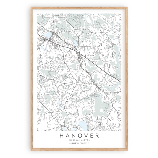 hanover massachusetts map print in wood frame