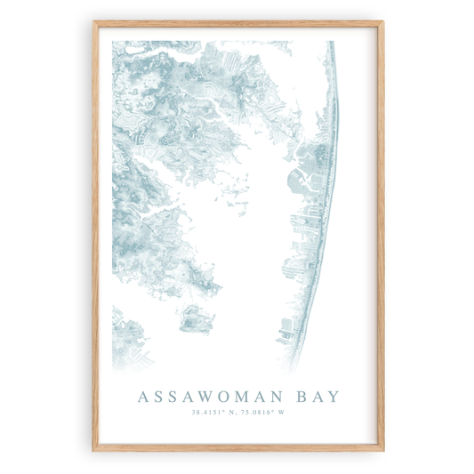 assawoman bay maryland map print in wood frame