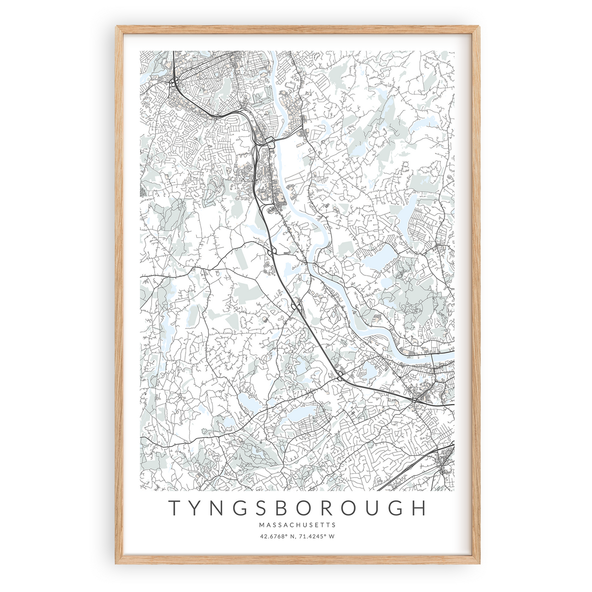 tyngsborough massachusetts map print in wood frame