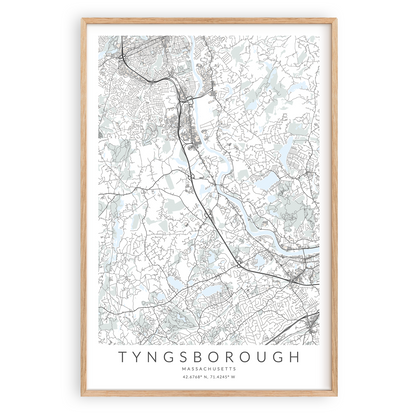 tyngsborough massachusetts map print in wood frame