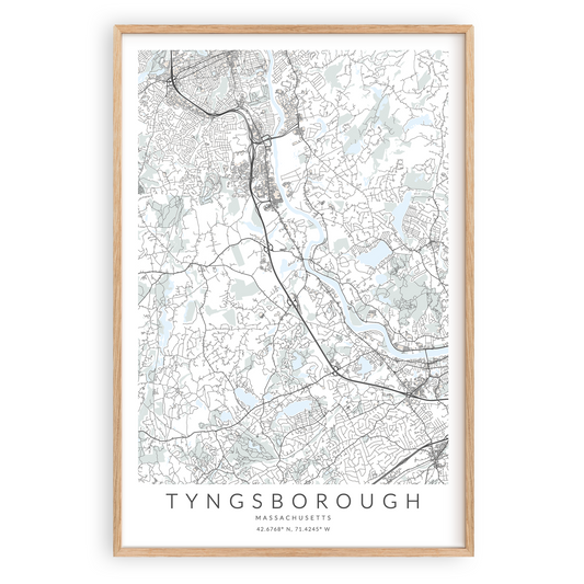 tyngsborough massachusetts map print in wood frame