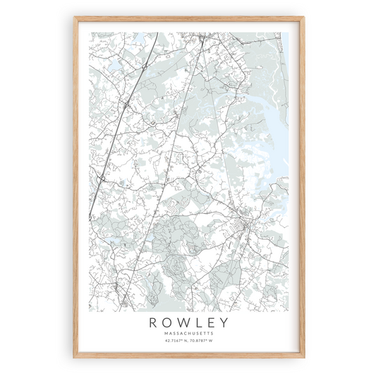 rowley massachusetts map print in wood frame