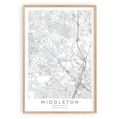 middleton massachusetts map print in wood frame