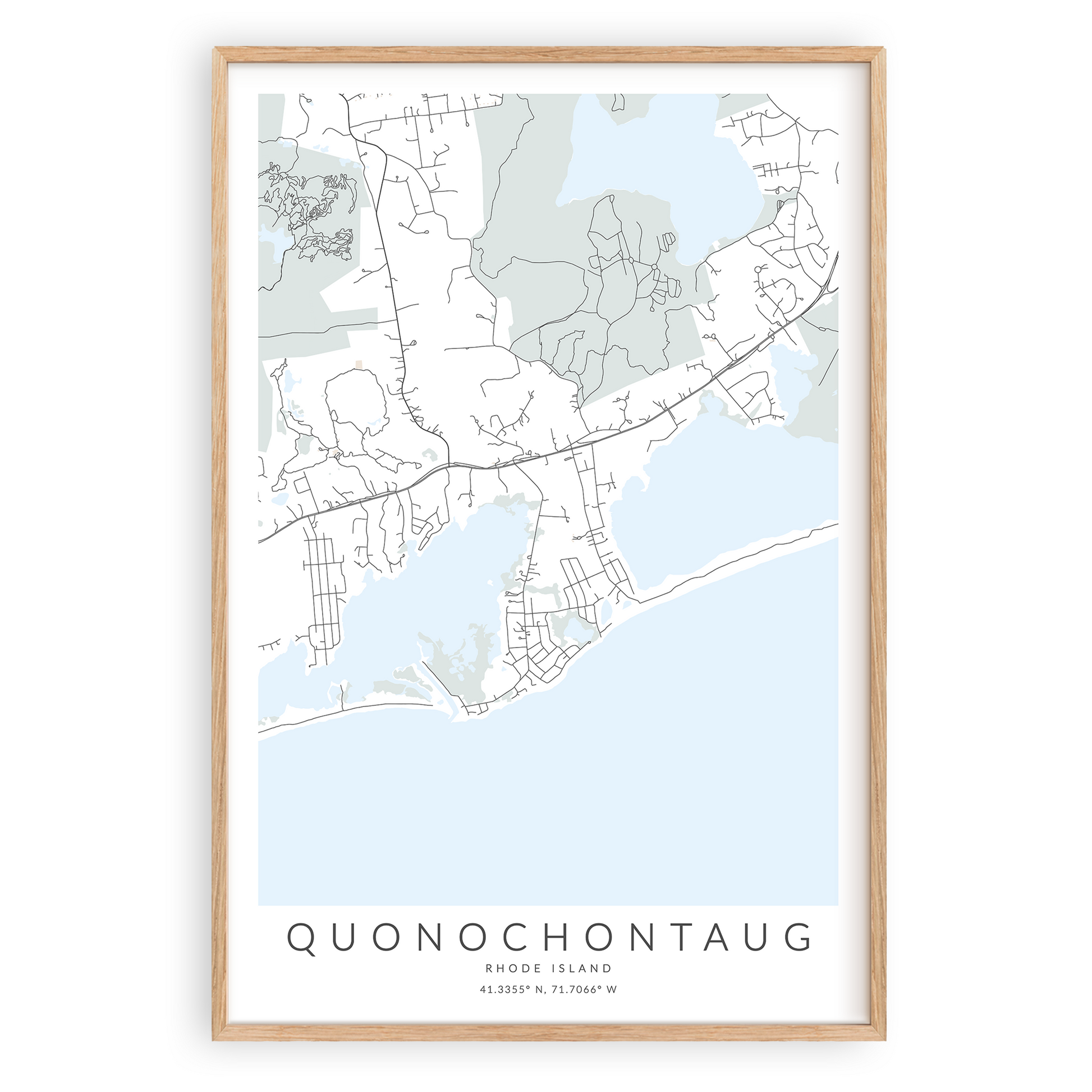 Quonochontaug Rhode Island map print in wood frame