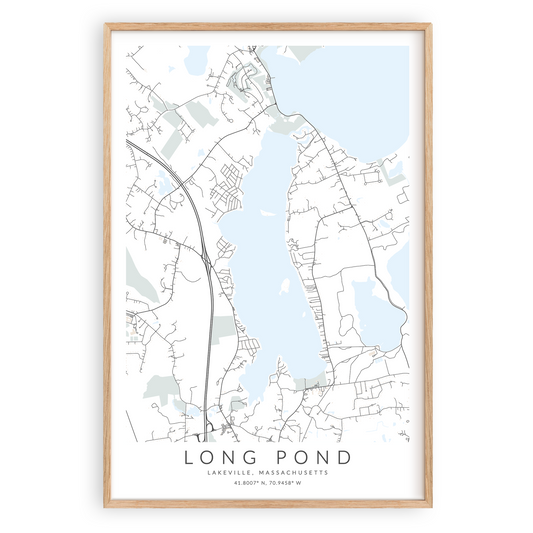 long pond lakeville massachusetts map print in wood frame