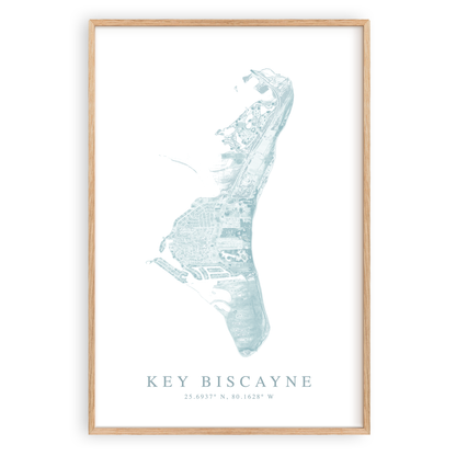 key biscayne florida map print in wood frame