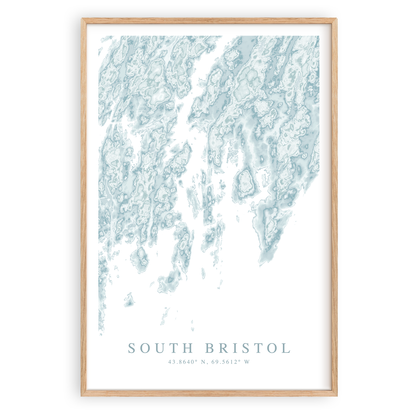 south bristol maine map print in wood frame