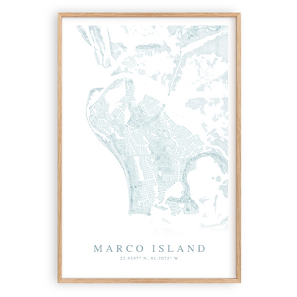 marco island florida map print in wood frame