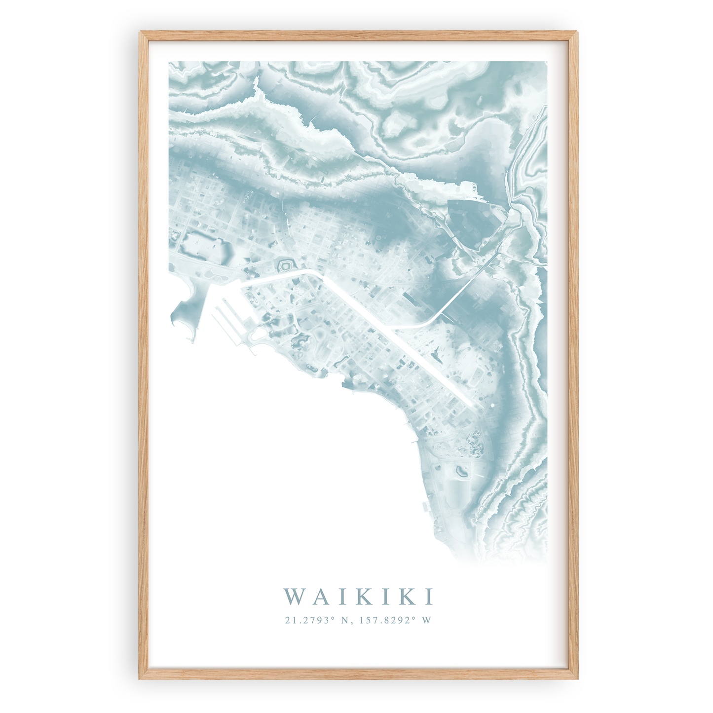 waikiki hawaii map print in wood frame
