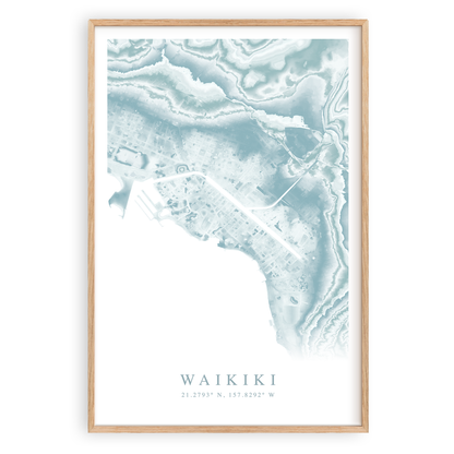 waikiki hawaii map print in wood frame