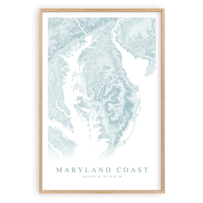 maryland coast map print in wood frame