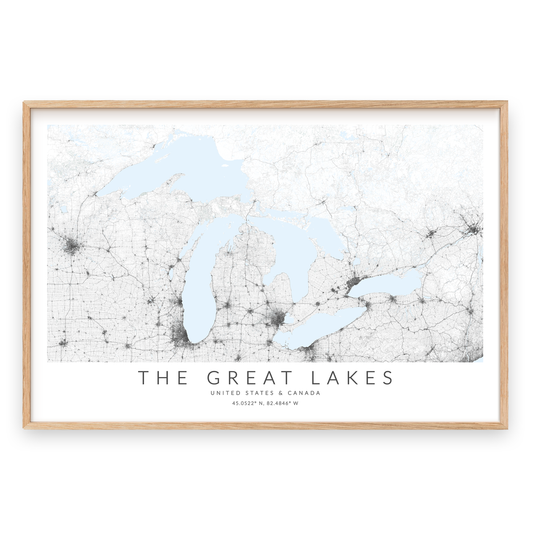 great lakes map print in wood frame