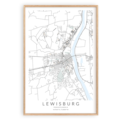 lewisburg pennsylvania map print in wood frame