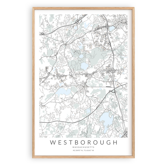 westborough massachusetts map print in wood frame
