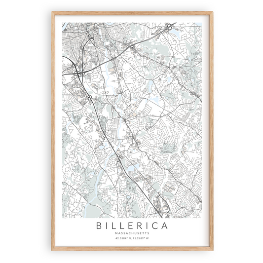 billerica massachusetts map print in wood frame
