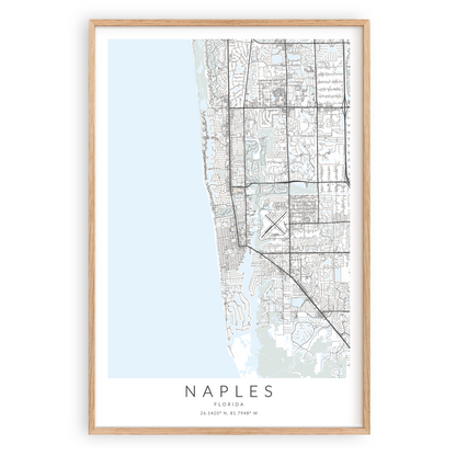 map print of naples florida in wood frame