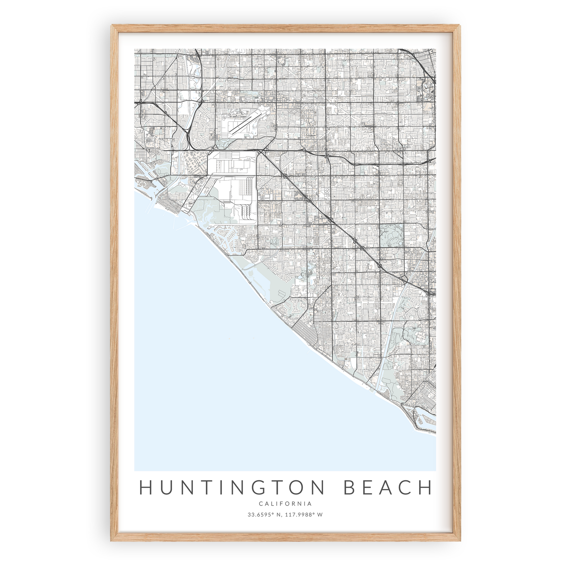 huntington beach california map print in wood frame