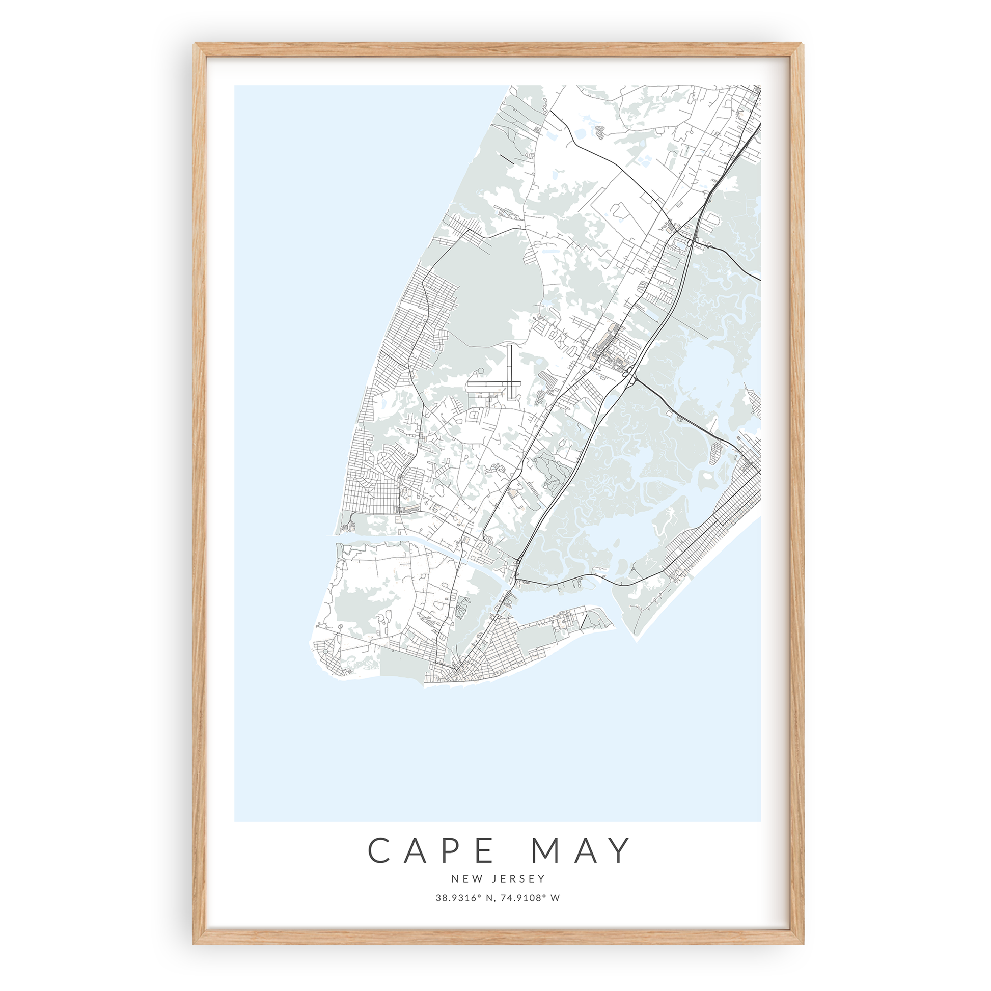cape may new jersey map print in wood frame