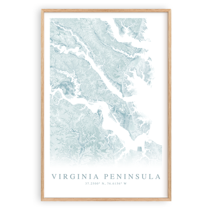 virginia peninsula map print in wood frame